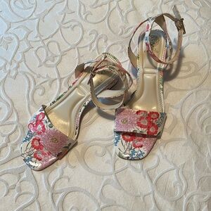 Floral sandals, beautiful and very comfortable. Worn once to a wedding.